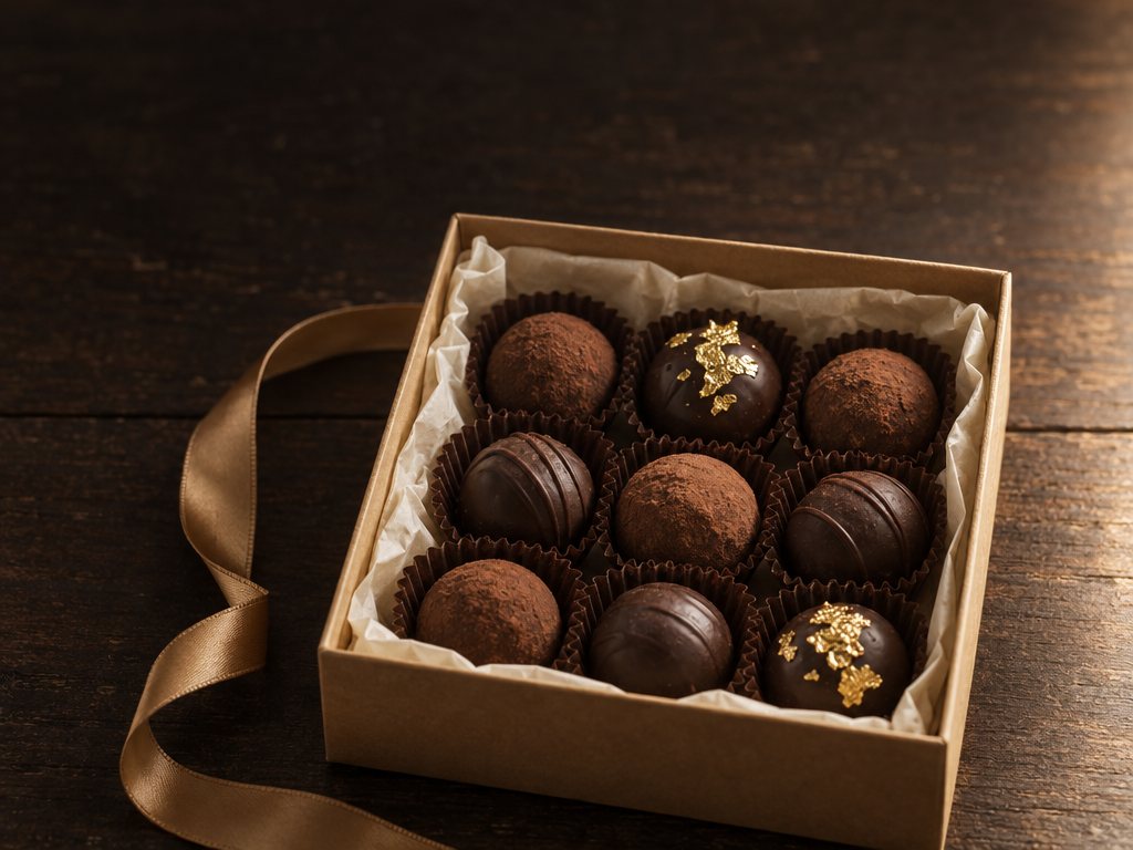 A gift box of chocolate truffles in brown paper cups with a caramel-gold ribbon