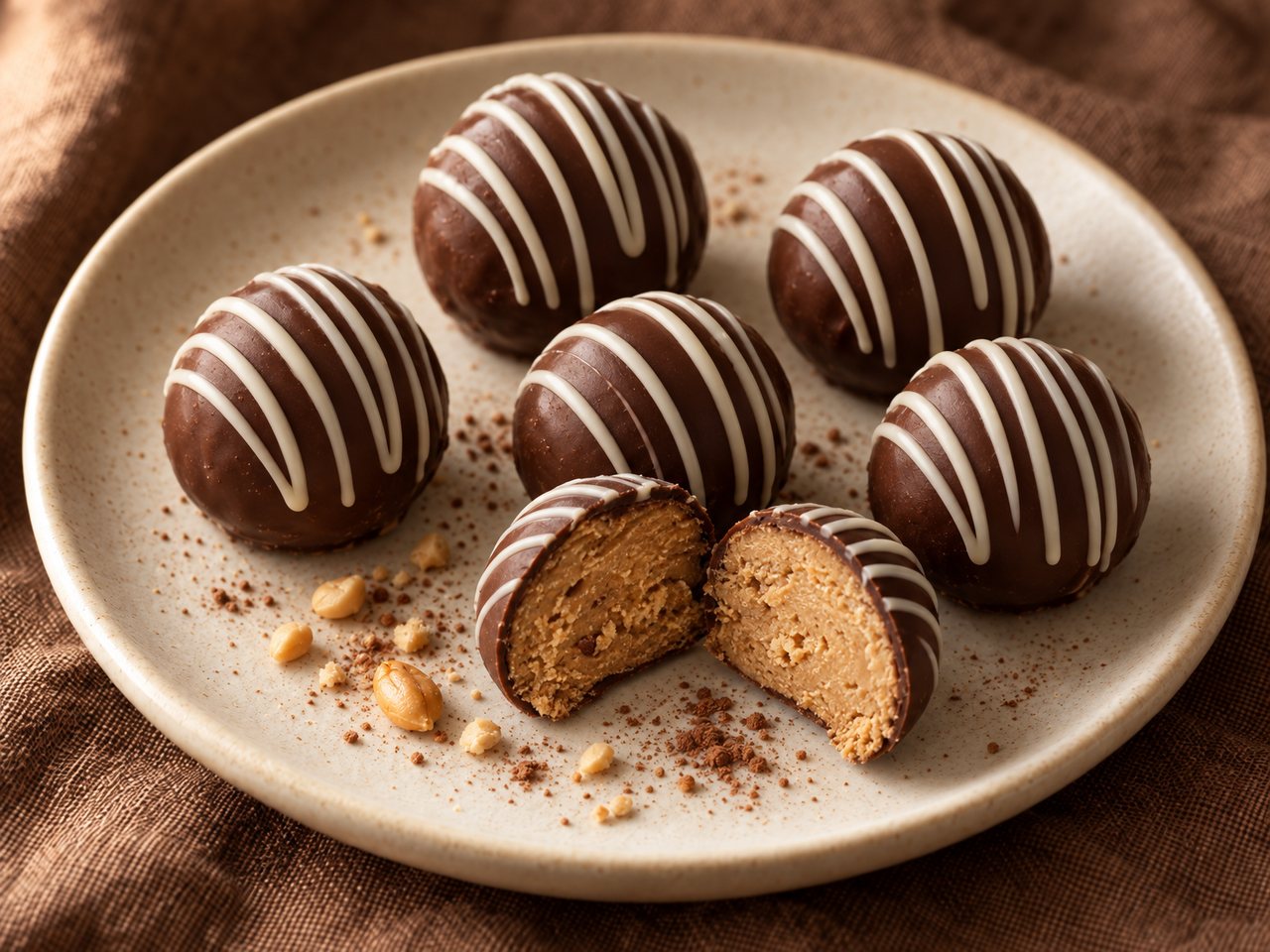 Praline chocolate peanut butter truffles with white chocolate stripes on a cream plate, one broken open to show the peanut butter center